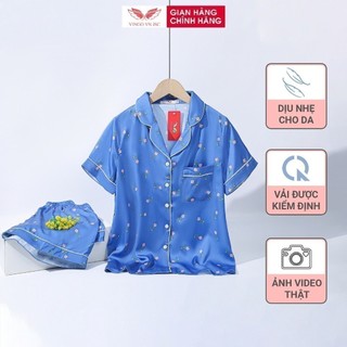 Đồ bộ mặc nhà Pijama lụa mặc nhà cao cấp VINGO tay ngắn quần đùi họa tiết hoa xanh H742 VNGO
