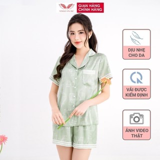 Đồ bộ nữ Pijama mặc nhà Lụa cao cấp mùa Thu Đông VINGO tay ngắn quần đùi dáng suông hoạ tiết mèo màu xanh ngọc H955 VNGO