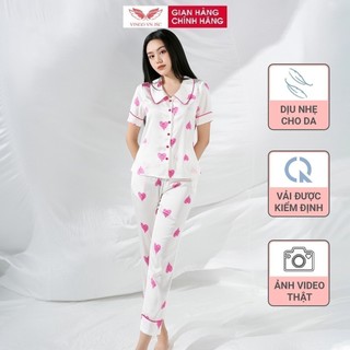 Đồ bộ mặc nhà Pijama lụa mặc nhà cao cấp VINGO tay ngắn quần dài họa tiết trái tim hồng dễ thương H757 VNGO