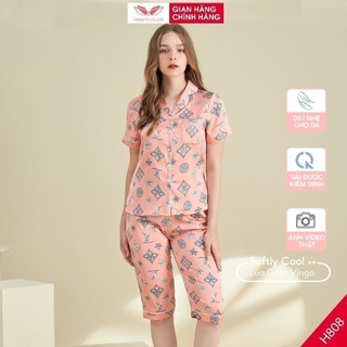 Pijama lụa đồ bộ ngủ mặc nhà cao cấp mùa hè VINGO tay ngắn quần lửng hoa lá xanh hồng thanh lịch H808 VNGO