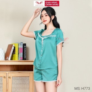 Pijama lụa đồ bộ ngủ mặc nhà cao cấp mùa hè VINGO tay ngắn quần đùi viền phối ren đính nơ dễ thương H773 VNGO