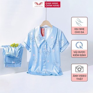 Pijama lụa đồ bộ ngủ mặc nhà cao cấp mùa hè VINGO tay ngắn quần lửng thỏ xanh tim hồng dễ thương H795 VNGO