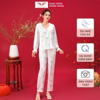 Đồ bộ mặc nhà Pijama lụa Pháp TƯỜNG LAM VINGO tay dài quần dài phối voan sang chảnh mặc mùa Hè H1150 VNGO