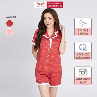 Đồ bộ mặc nhà Pijama lụa mặc nhà cao cấp VINGO tay ngắn quần đùi hoạ tiết trái tim hồng H664 VNGO