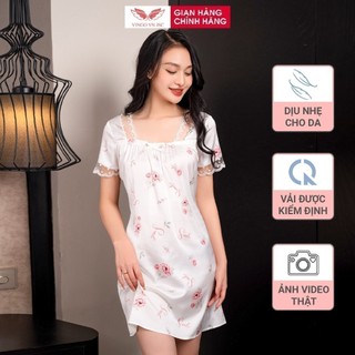 Váy ngủ đồ ngủ mặc nhà lụa cao cấp phối ren thanh lịch VINGO thiết kế tay ngắn cổ vuông hoa hồng sang chảnh N422 VNGO