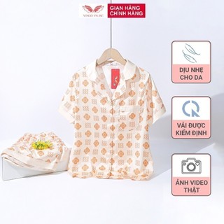 Đồ bộ nữ Pijama mặc nhà Lụa cao cấp mùa hè VINGO tay ngắn quần đùi hoa nền be dễ thương H778 VNGO