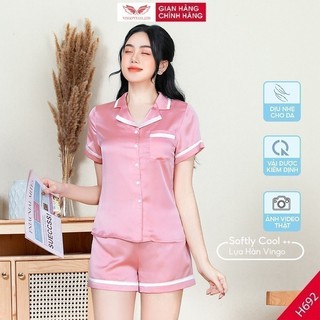 Pijama lụa đồ bộ ngủ mặc nhà cao cấp mùa hè VINGO tay ngắn quần đùi trơn viền trắng dễ thương H692 VNGO