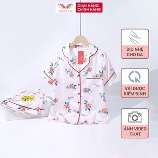 Đồ bộ nữ Pijama mặc nhà Lụa cao cấp mùa hè VINGO tay ngắn quần đùi màu be hồng hoa cẩm tú cầu H666 VNGO