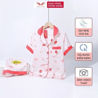 Pijama lụa đồ bộ ngủ mặc nhà cao cấp mùa hè VINGO tay ngắn quần đùi dâu hồng dễ thương H704 VNGO