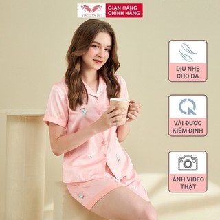 Pijama lụa đồ bộ ngủ mặc nhà cao cấp mùa hè VINGO tay ngắn quần đùi cún hồng dễ thương H698 VNGO