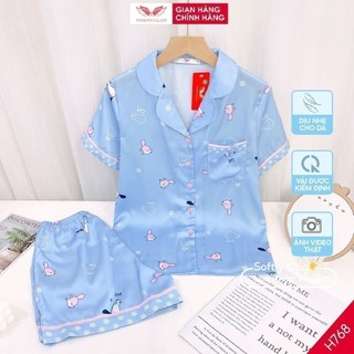 Đồ bộ nữ Pijama mặc nhà Lụa cao cấp mùa hè VINGO tay ngắn quần đùi mèo xanh dễ thương H768 VNGO