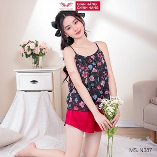 Đồ bộ nữ 2 dây VINGO áo voan hai lớp hoạ tiết hoa và quần đùi lụa kiểu dáng trẻ trung mặc nhà thoải mái mùa Hè N387 VNGO