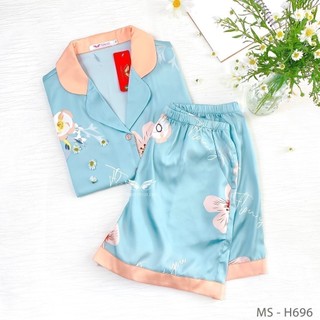Pijama lụa đồ bộ ngủ mặc nhà cao cấp mùa hè VINGO tay ngắn quần đùi xanh nhạt dễ thương H696 VNGO