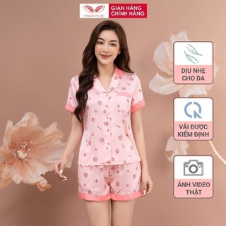Đồ bộ mặc nhà Pijama lụa mặc nhà cao cấp VINGO tay ngắn quần đùi hoạ tiết dây tây H703 VNGO