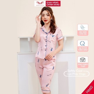 Pijama lụa đồ bộ ngủ mặc nhà cao cấp mùa hè VINGO tay ngắn quần lửng hoa hồng lá xanh dễ thương H660 VNGO