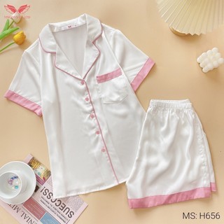 Đồ bộ mặc nhà Pijama lụa mặc nhà cao cấp VINGO tay ngắn quần đùi họa tiết trơn H656 VNGO