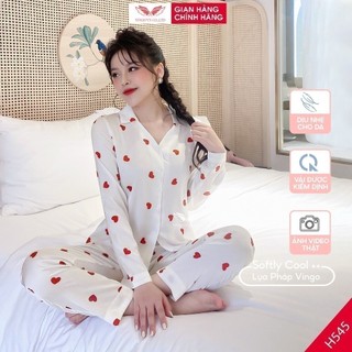 Đồ bộ nữ Pijama mặc nhà Lụa cao cấp mùa Thu Đông VINGO tay dài quần dài tim đỏ nền trắng dễ thương H545 VNGO