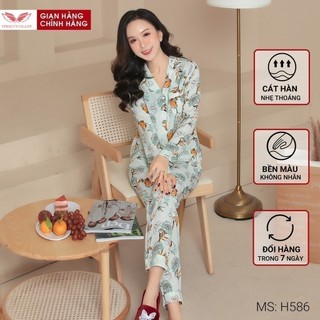 Bộ Đồ Pyjama Mặc Nhà Nữ VINGO Cát Hàn Không Nhăn Mùa Thu Đông Tay Dài Quần Dài Họa Tiết Nhiều Màu H586 VNGO - TDQD