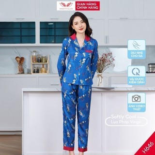 Đồ bộ nữ Pijama lụa mặc nhà cao cấp VINGO tay dài quần dài hoa xanh sang trọng H646 VNGO
