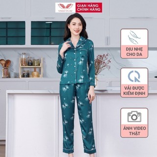 Đồ bộ nữ Pijama mặc nhà Lụa cao cấp mùa Thu Đông VINGO tay dài quần dài ngân hạnh H592 VNGO