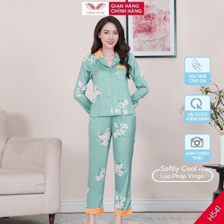 Đồ bộ nữ Pijama mặc nhà Lụa cao cấp mùa Thu Đông VINGO tay dài quần dài hoa xanh ngọc thanh lịch H541 VNGO