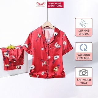 Pijama lụa đồ bộ ngủ mặc nhà cao cấp mùa hè VINGO tay ngắn quần lửng hoa đỏ dễ thương H654 VNGO