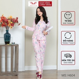 Đồ bộ nữ mặc nhà pyjama VINGO tay dài quần dài chất liệu Tơ Đũi mềm mại hoạ tiết hoa màu hồng thu đông H604 VNGO - TDQD