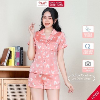 Đồ bộ nữ Pijama mặc nhà Lụa cao cấp mùa thu đông VINGO tay ngắn quần đùi màu hồng cam dễ thương H780 VNGO