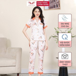 Pijama lụa đồ bộ ngủ mặc nhà cao cấp mùa Thu Đông VINGO tay ngắn quần dài hoa cam màu be thanh lịch H639 VNGO