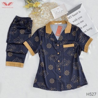 VNGO Bộ Pyjama Mặc Nhà Nữ Lụa Pháp Tay Cộc Quần Dài Họa Tiết Phong Thư Xanh Hiện Đại Lịch Sự H527 VNGO