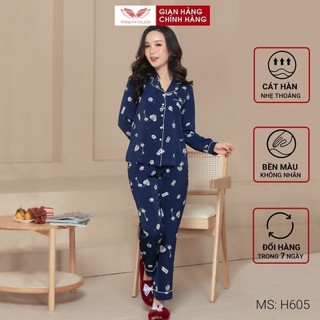 Đồ bộ nữ pyjama mặc nhà VINGO cát Hàn cao cấp tay dài quần dài mùaThu Đông ấm áp họa tiết tim nền xanh H605 - TDQD