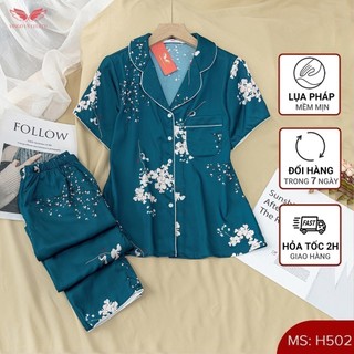 VINGO Bộ Đồ Mặc Nhà Pyjama Nữ Chất Liệu Lụa Pháp Cao Cấp Tay Cộc Quần Dài Họa Tiết Chùm Hoa Thanh Lịch H502 VNGO