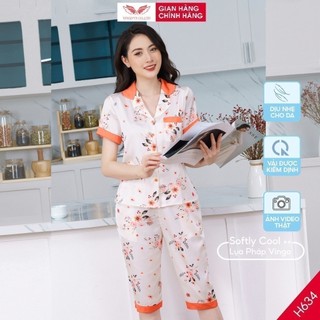 Pijama lụa đồ bộ ngủ mặc nhà cao cấp mùa hè VINGO tay ngắn quần lửng hoa cam nền be thanh lịch H634 VNGO