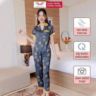 Đồ bộ nữ Pijama mặc nhà Lụa cao cấp mùa Thu Đông VINGO tay ngắn quần dài hoa tuyết xanh thanh lịch H486 VNGO