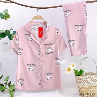 Đồ bộ nữ Pijama mặc nhà Lụa cao cấp mùa Thu Đông VINGO tay ngắn quần dài bò sữa hồng nền vàng dễ thương H555 VNGO