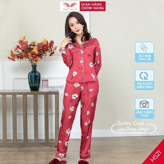 Đồ bộ nữ Pijama mặc nhà Lụa cao cấp mùa Thu Đông VINGO tay dài quần dài hoa màu đỏ thanh lịch H521 VNGO
