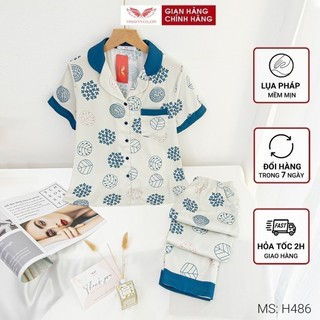 Pijama lụa đồ bộ ngủ mặc nhà cao cấp mùa Thu Đông VINGO tay ngắn quần dài hoa tuyết xanh nền trắng H486 VNGO