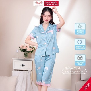 Pijama lụa đồ bộ ngủ mặc nhà cao cấp mùa hè VINGO tay ngắn quần lửng màu xanh pastel hoa hồng thanh lịch H769 VNGO