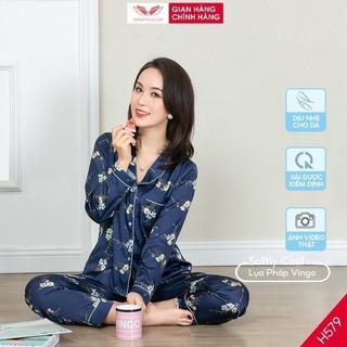Đồ bộ mặc nhà Pijama lụa mặc nhà cao cấp VINGO tay dài quần dài Thu Đông hoạ tiết hoa dây H579 VNGO