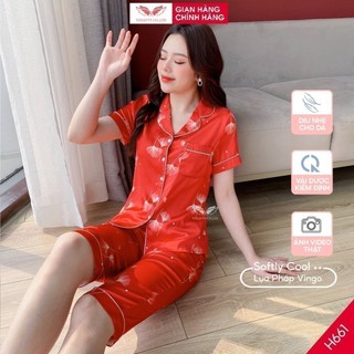 Pijama lụa đồ bộ ngủ mặc nhà cao cấp mùa hè VINGO tay ngắn quần lửng 2 màu xanh đỏ dễ thương H661 VNGO