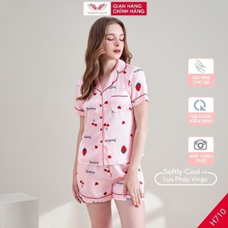 Pijama lụa đồ bộ ngủ mặc nhà cao cấp mùa hè VINGO tay ngắn quần đùi cherry dâu hồng dễ thương H710 VNGO