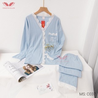 Bộ Đồ Ngủ Nữ Mặc Nhà VINGO Áo Dài Quần Dài Cotton Sọc Thấm Hút Thoáng Mát Phối Viền Ren Trắng Tinh Tế Thu Đông C037 VNGO