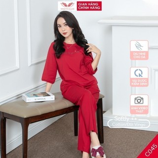 Bộ đồ cotton cao cấp mặc nhà VINGO tay lỡ quần dài màu vàng C045 VNGO