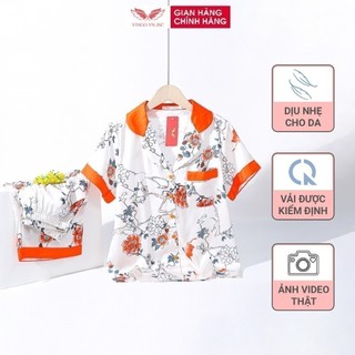 Pijama lụa đồ bộ ngủ mặc nhà cao cấp mùa hè VINGO tay ngắn quần lửng hoa cam dễ thương H631 VNGO