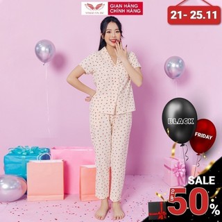 Đồ Mặc Nhà Tay Cộc Quần Dài Thô Đũi Cao Cấp Họa Tiết Cherry Kiểu Pyjama Viền Ren Trẻ Trung Mùa Thu Đông Vingo H581 VNGO