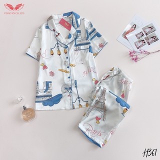 VINGO Bộ Đồ Ngủ Pijama Mặc Nhà Nữ Lụa Pháp Cao Cấp Tay Cộc Quần Lửng Họa Tiết Tháp Eiffel Paris Trắng H361 VNGO - TCQL