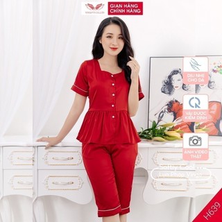 Đồ bộ nữ mặc nhà pijama nữ lụa Pháp mùa Hè mát VINGO áo tay cộc cổ vuông dáng babydoll và quần lửng thanh lịch H369 VNGO