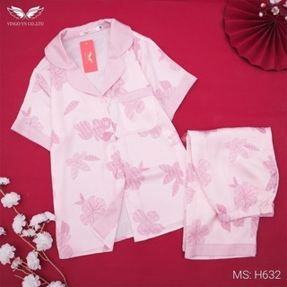 Pijama lụa đồ bộ ngủ mặc nhà cao cấp mùa hè VINGO tay ngắn quần lửng lá hồng thanh lịch H632 VNGO