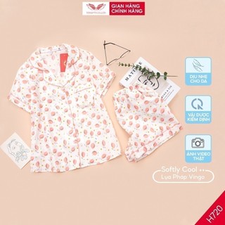 Đồ bộ nữ mặc nhà pijama áo cộc quần đùi VINGO chất tơ đũi mềm mát mùa Hè in quả chanh hồng ngọt ngào trẻ trung H720 VNGO