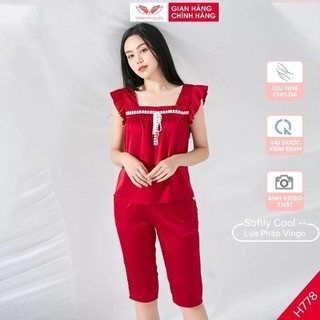 Pijama lụa đồ bộ ngủ mặc nhà cao cấp mùa hè VINGO tay ngắn quần lửng cánh tiên nơ đỏ dễ thương H788 VNGO